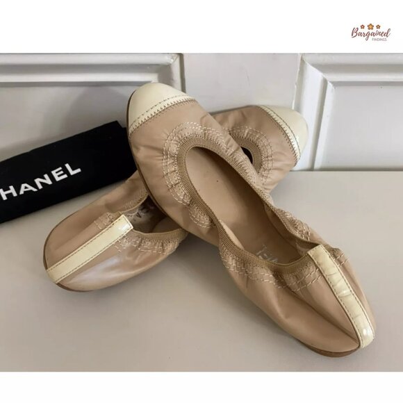 Authentic CHANEL Taupe Leather White Patent Leather Cap Toe Ballet Flats 7.5 - Picture 13 of 14